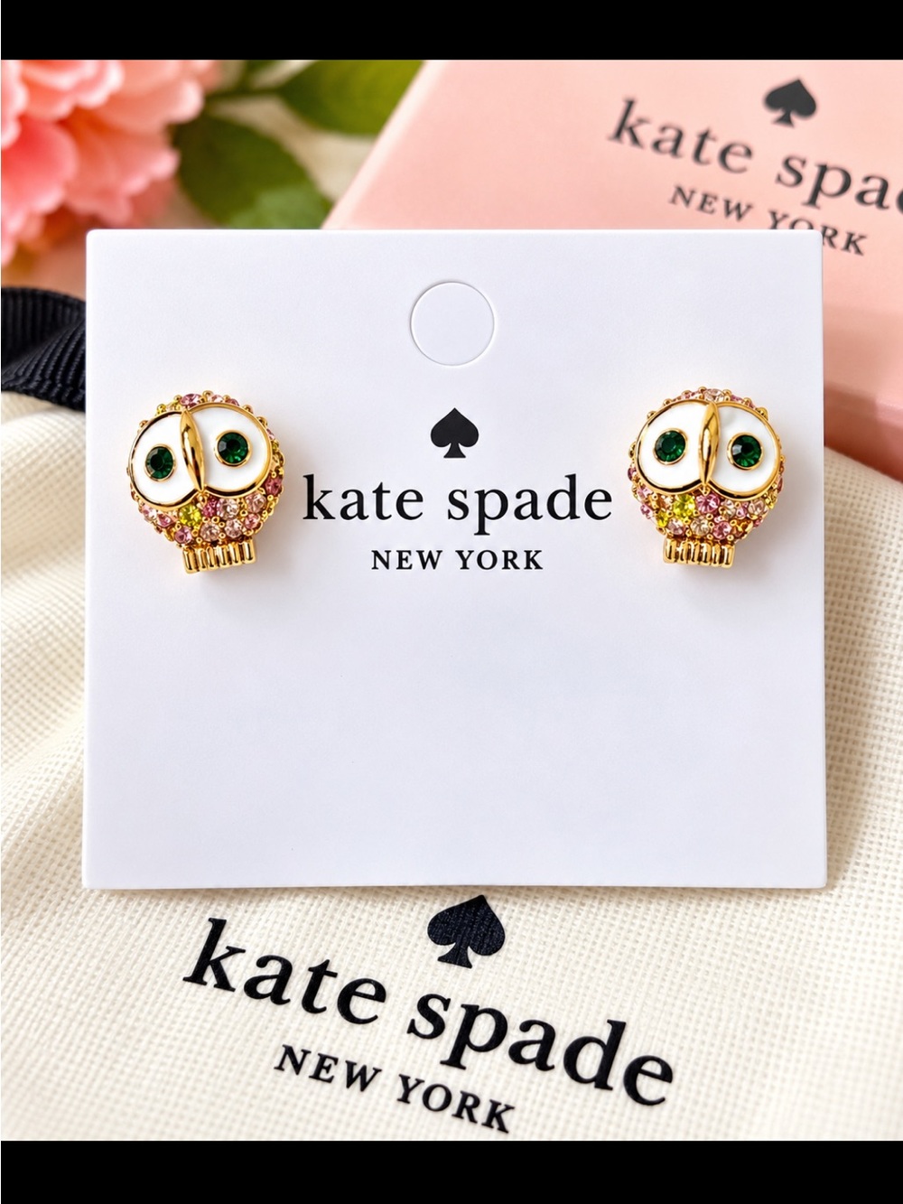 kate spade Gold Owl Stud Earrings - Pink, Green & White